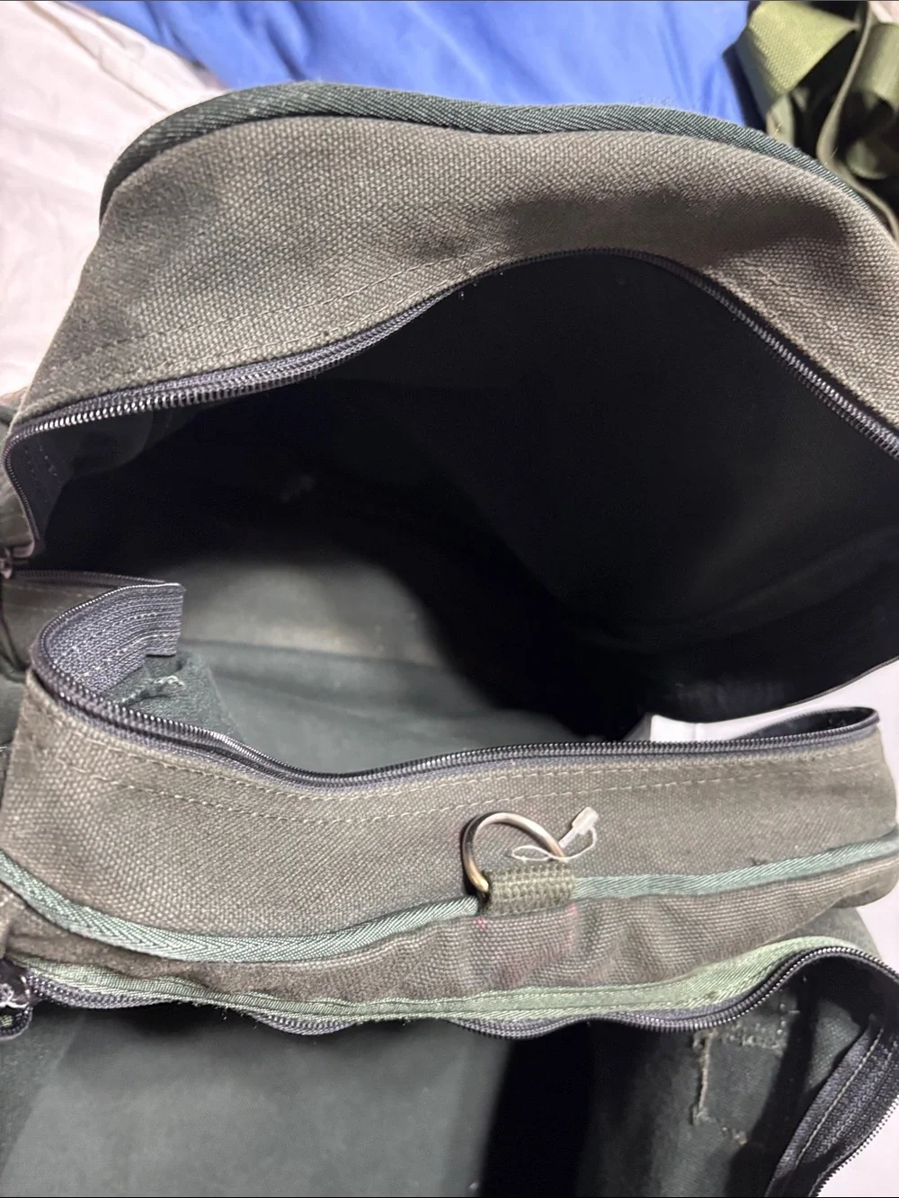 Orvis Dark Green Canvas Duffel with Brown Leather Trim. EUC